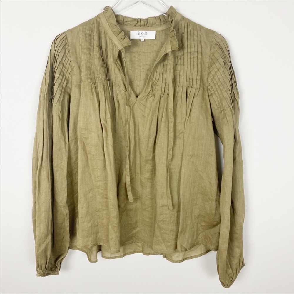 Sea New York Olive Green Pintuck Peasant Blouse, Size 6